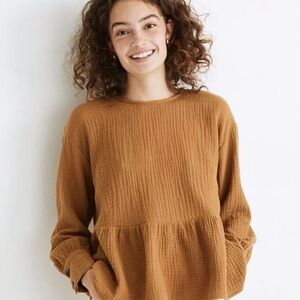 Madewell Lightspun Button Back Peplum Top  Gauze Small Compass Gold Mustard Fall